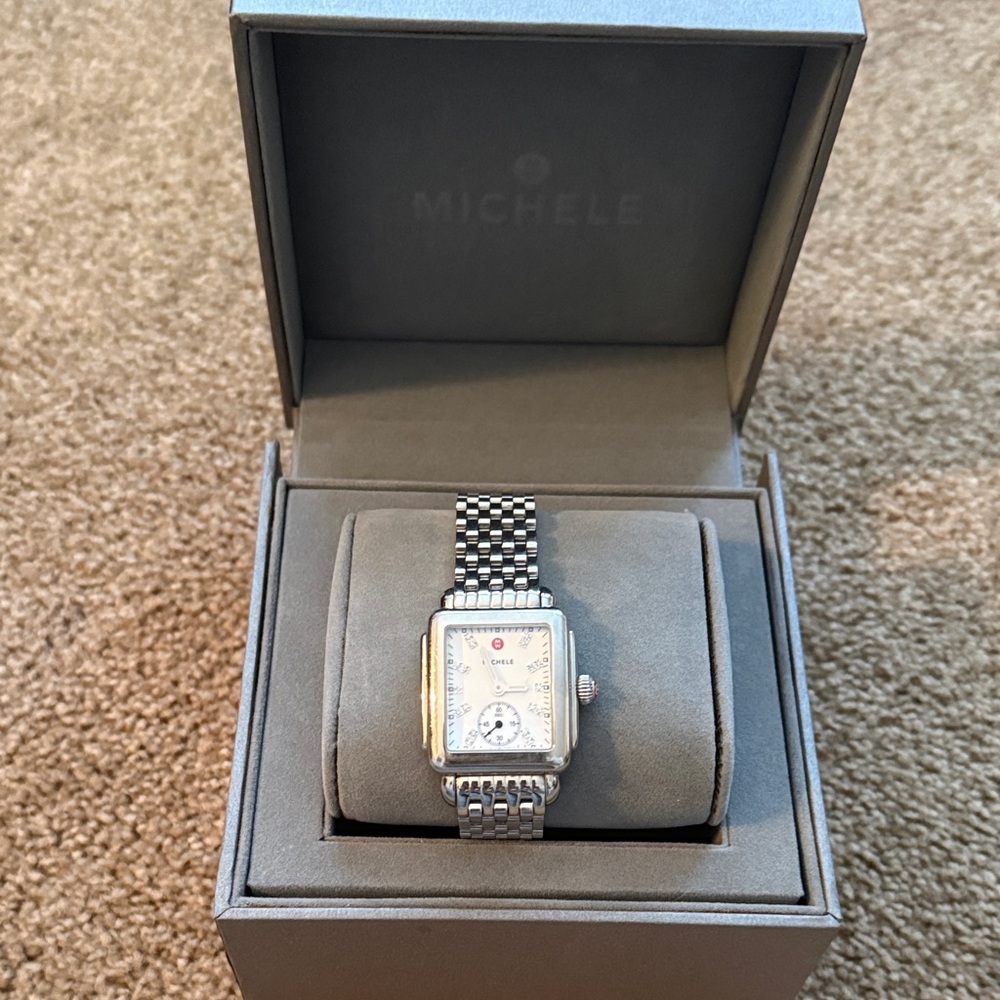 Michele Silver Watch with diamonds at hours and  White Dial